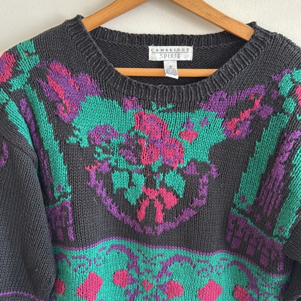 Vintage 90s black printed grandma core long sleeve chunky ramie cotton sweater M - Picture 2 of 4